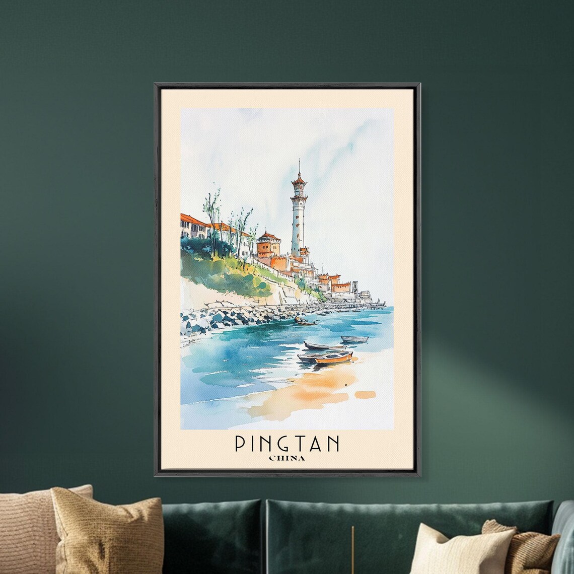 Pingtan China Coastal Village Lighthouse Tower Boats Harbor Travel Poster - Image 5