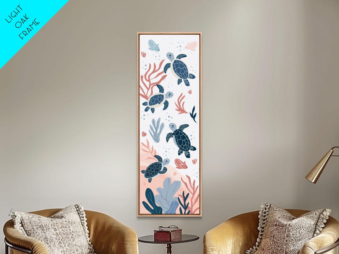 Swimming Sea Turtles Coral Reef Peach Background Ocean Tall Wall Art - Image 2