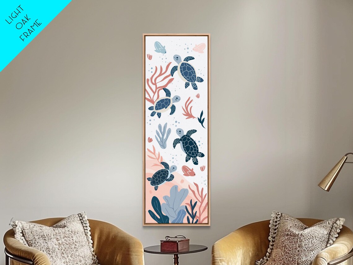 Swimming Sea Turtles With Coral Tall Framed Print In Japanese Ukiyo E Style Wall Art - Image 2
