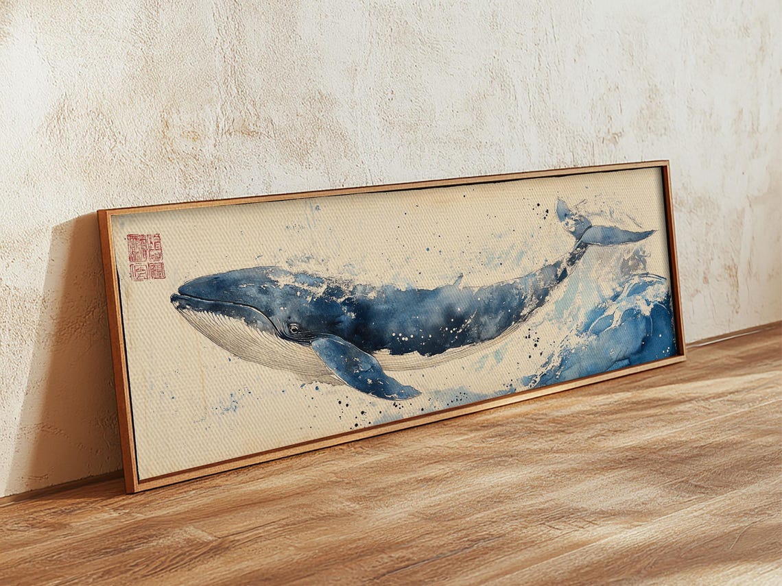 Panoramic Blue Whale Swimming Ocean Wave Watercolor Wall Poster - Image 2