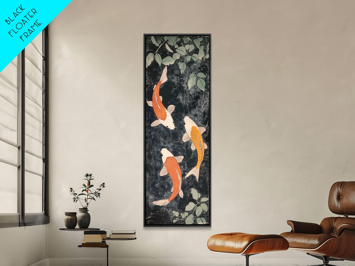 Three Koi Fish Black Pond Green Leaves Japanese Style Painting Poster - Image 4
