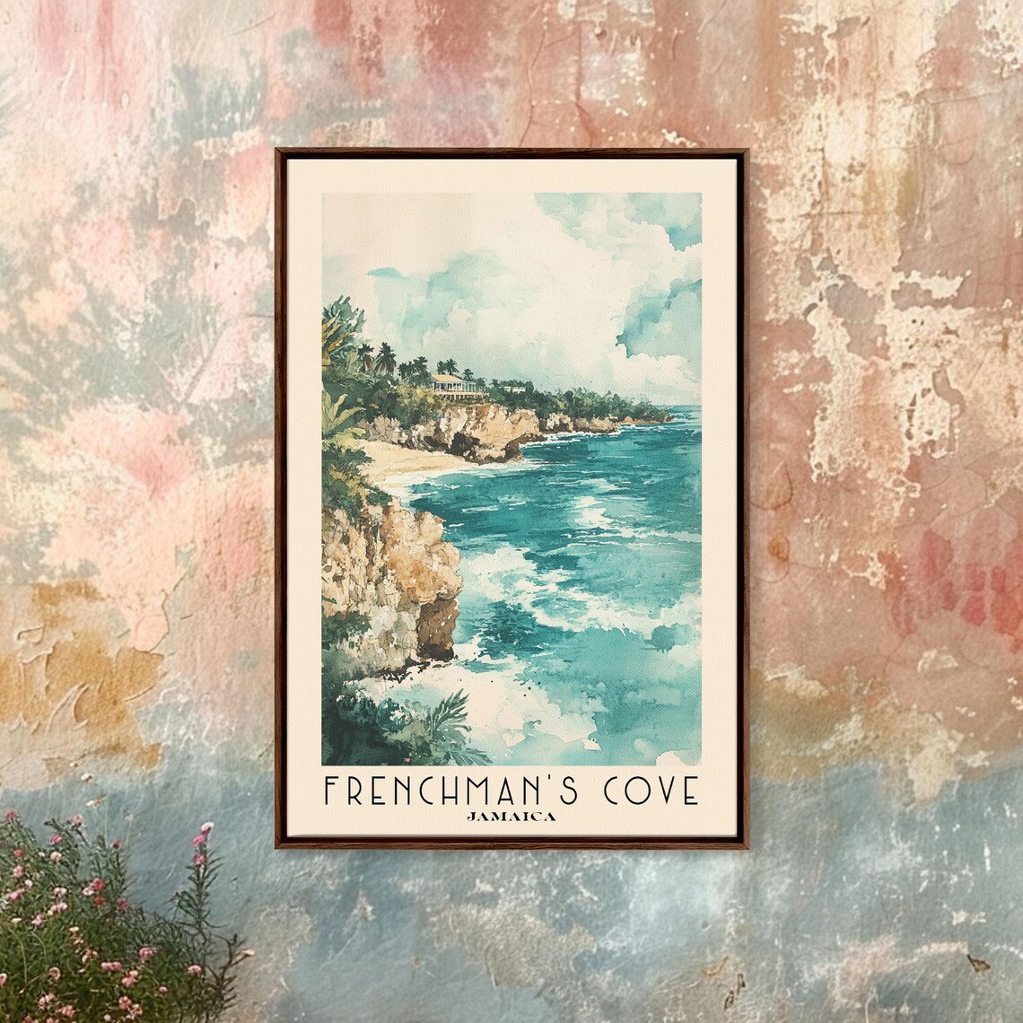Frenchmans Cove Jamaica Rocky Cliff Cove Teal Ocean Watercolor Poster - Image 4