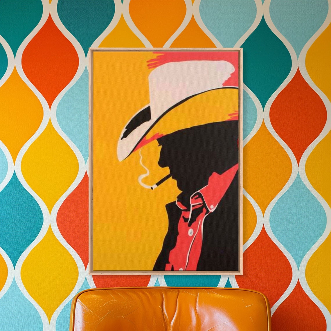Cowboy Silhouette With Hat And Cigarette Framed Print Western Pop Art Rustic Decor For Living Room Or Office
