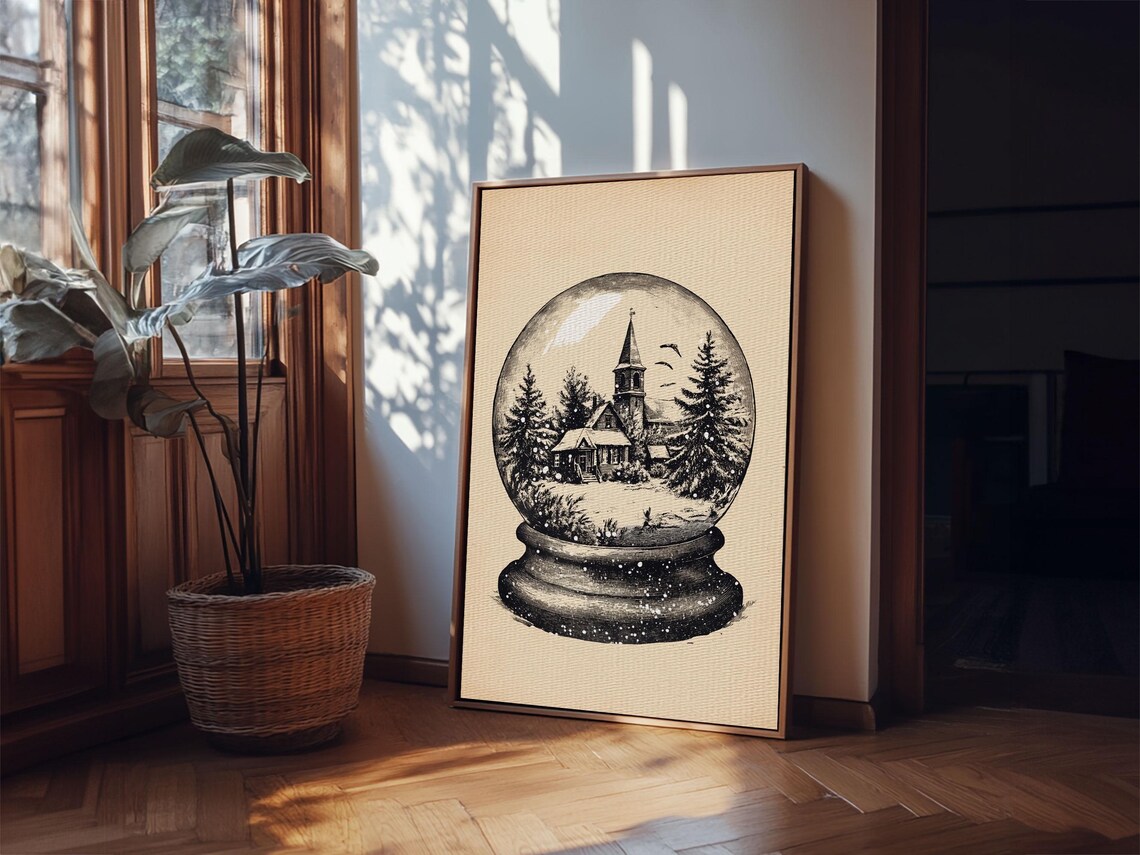 Snow Globe Church Winter Village Vintage Sketch Christmas Poster