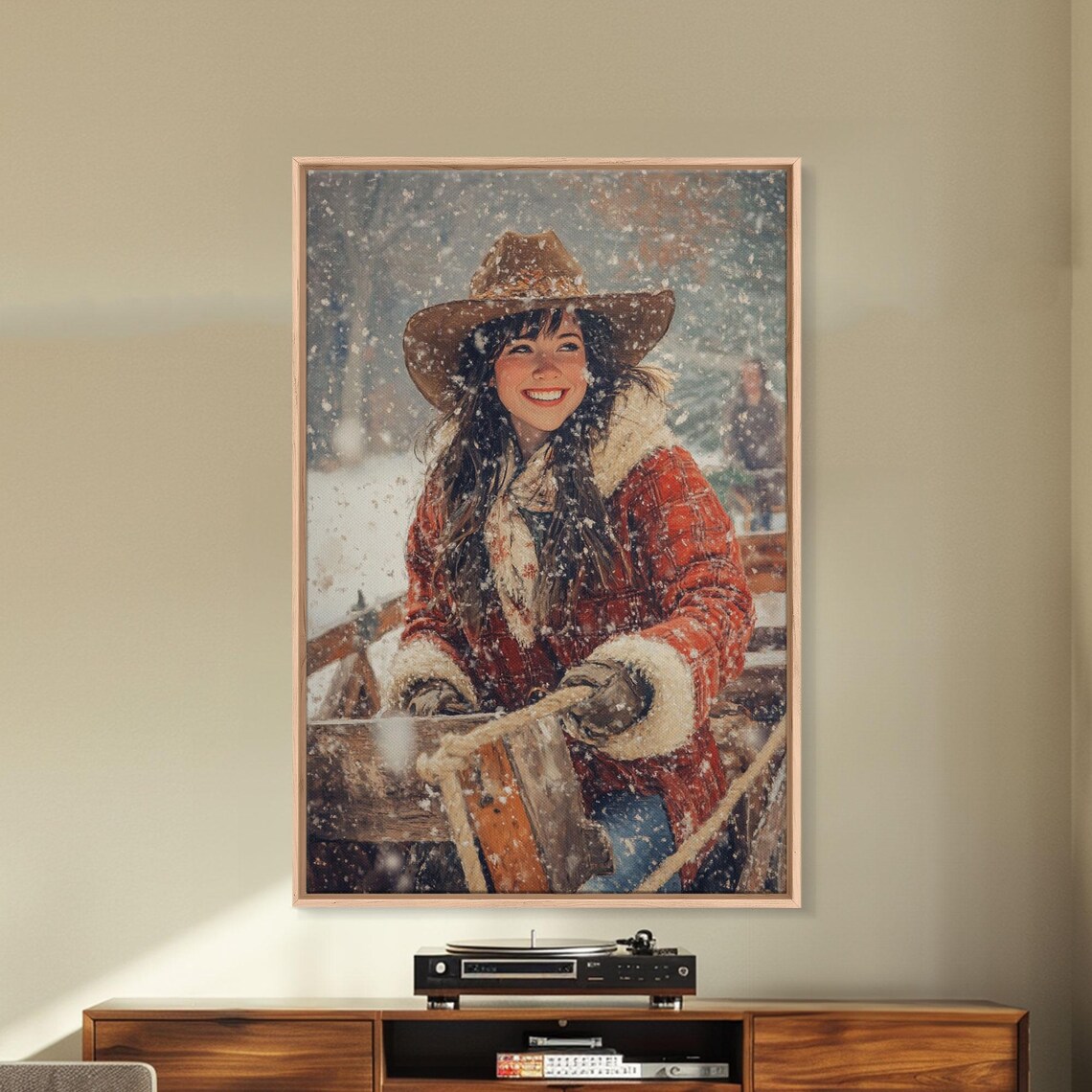 Cheerful Cowgirl Pulling Sled Snowfall Winter Vintage Holiday Wall Art - Image 3