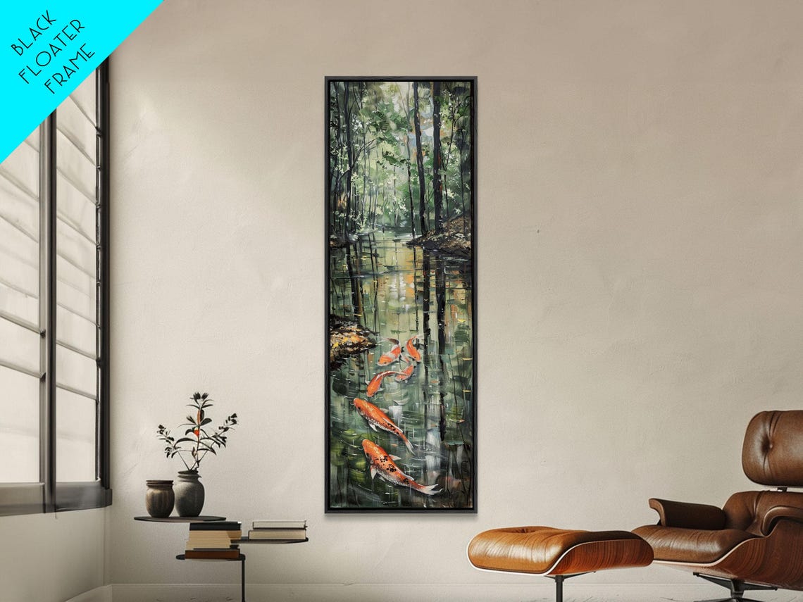 Orange Koi Fish Dark Forest Pond Reflections Nature Art Print - Image 3
