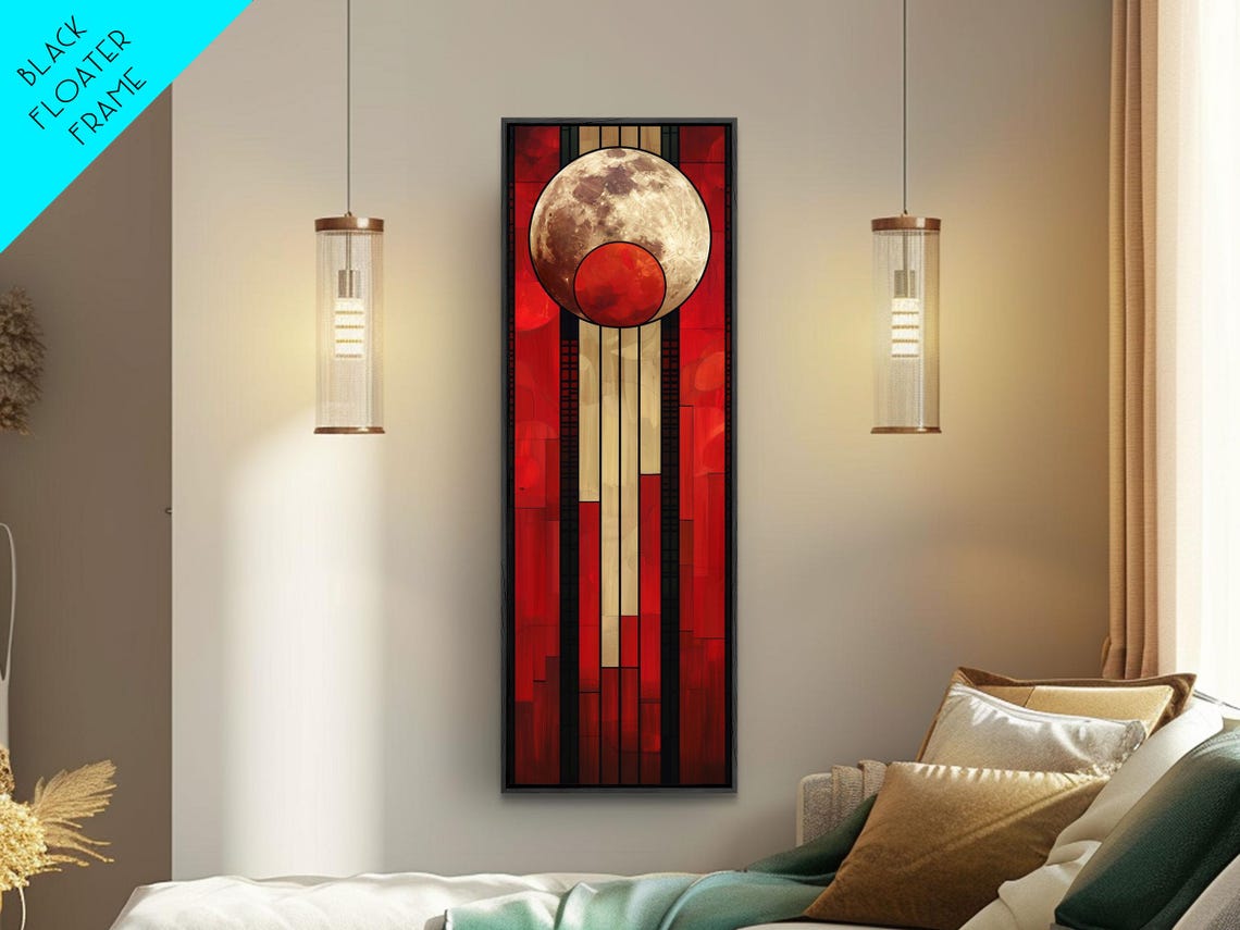 Geometric Sun Moon Celestial Art Red Beige Modern Tall Print - Image 5