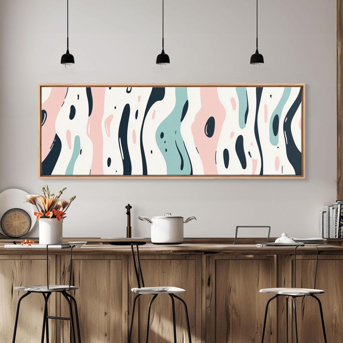 Panoramic Abstract Organic Shapes Pink Teal Navy Modern Wall Art - Image 2