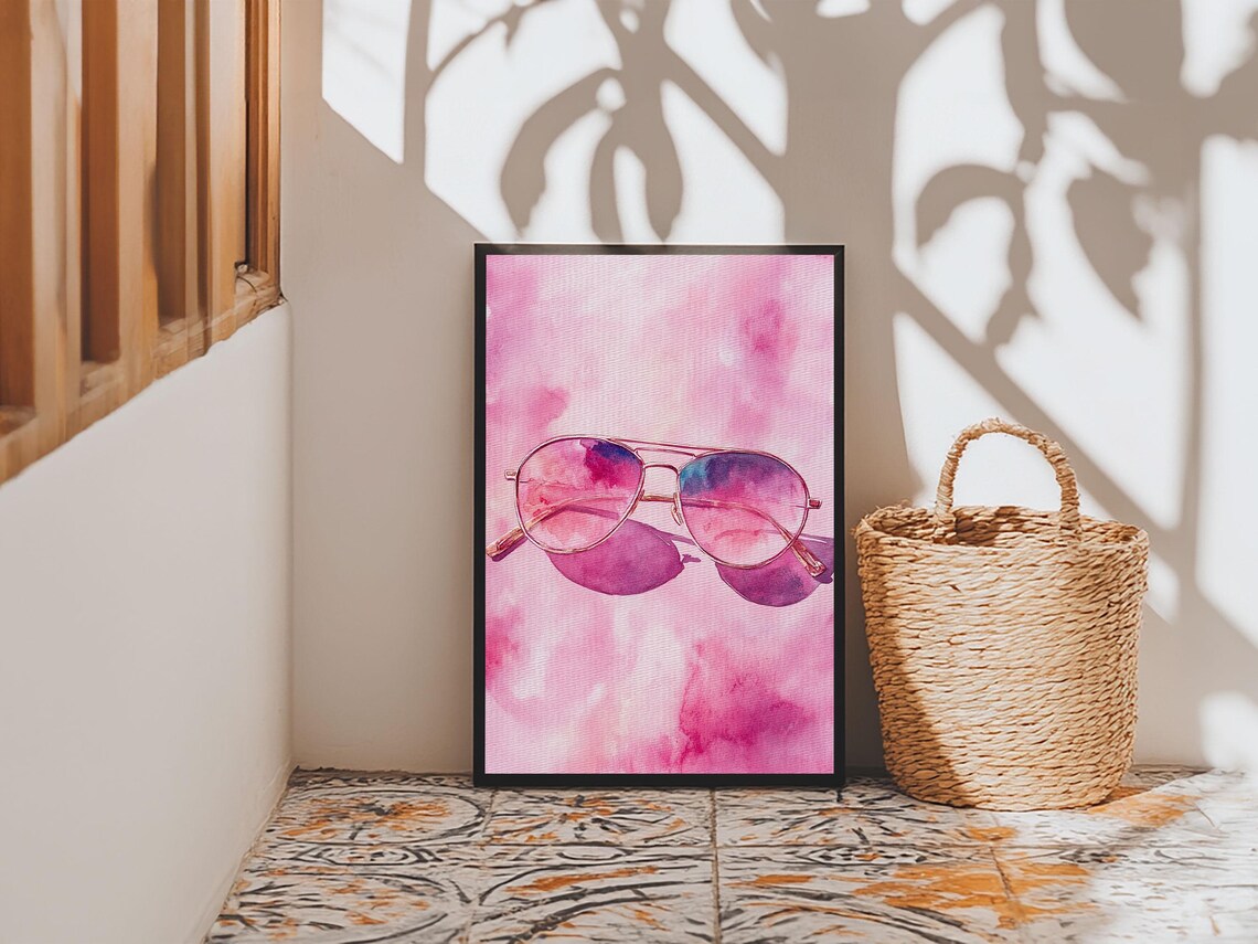 Pink Aviator Sunglasses Watercolor Summer Retro Fashion Wall Art Print - Image 3
