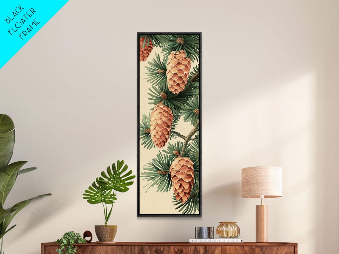 Golden Pinecones On Green Pine Needles Vintage Botanical Wall Art - Image 3