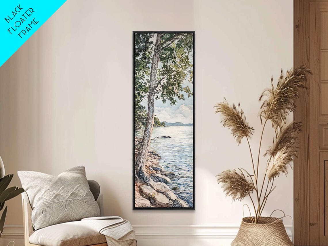 Birch Tree on Rocky Lakeshore Calm Blue Water Scene Wall Art - Image 3