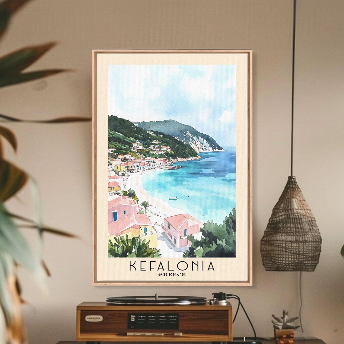 Kefalonia Greece Pastel Village Harbor Turquoise Bay Watercolor Art Poster