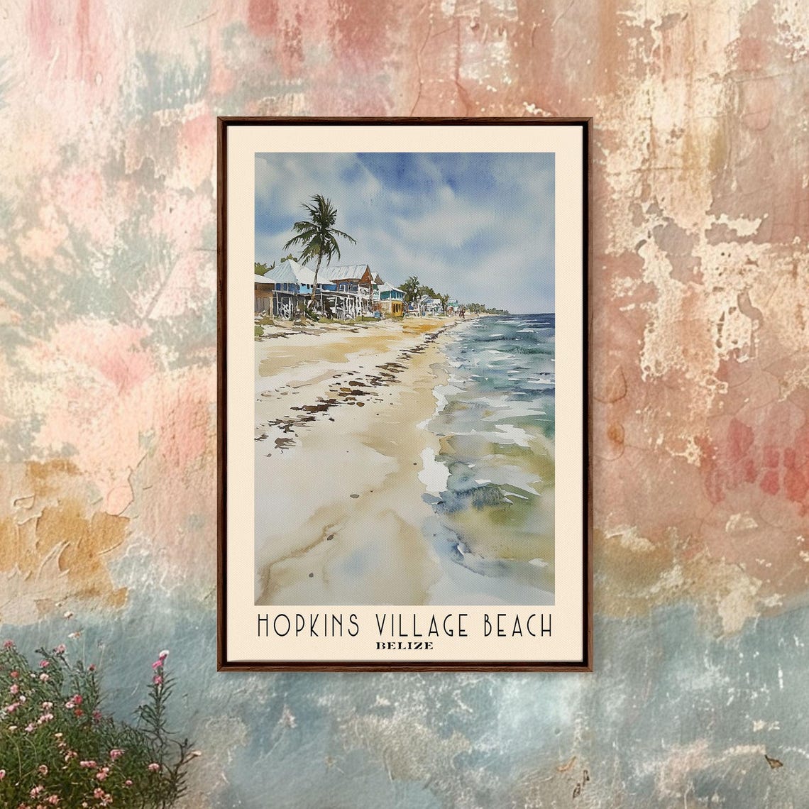 Hopkins Village Beach Belize Rustic Huts Palm Shore Watercolor Poster - Image 4