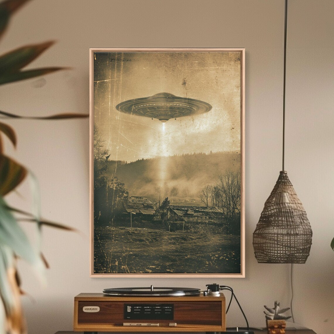 Distressed UFO Flying Saucer Over Farm Poster Vintage Sci Fi Wall - Image 5