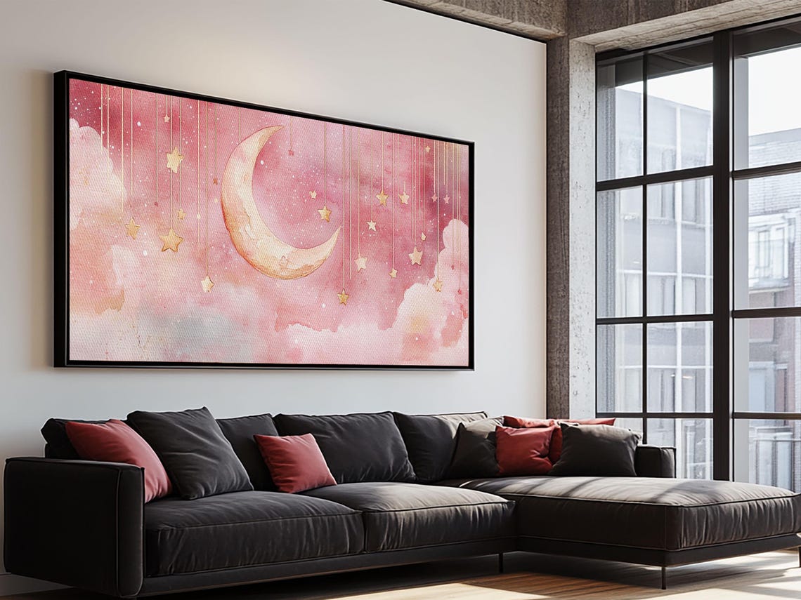 Pink Crescent Moon Gold Stars Watercolor Night Sky Nursery Poster - Image 3