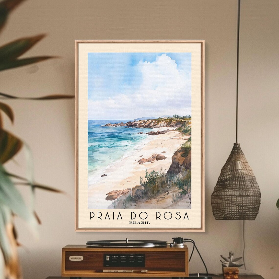 Praia do Rosa Brazil Rocky Cove Sandy Beach Turquoise Sea Cliffs Watercolor Poster - Image 2