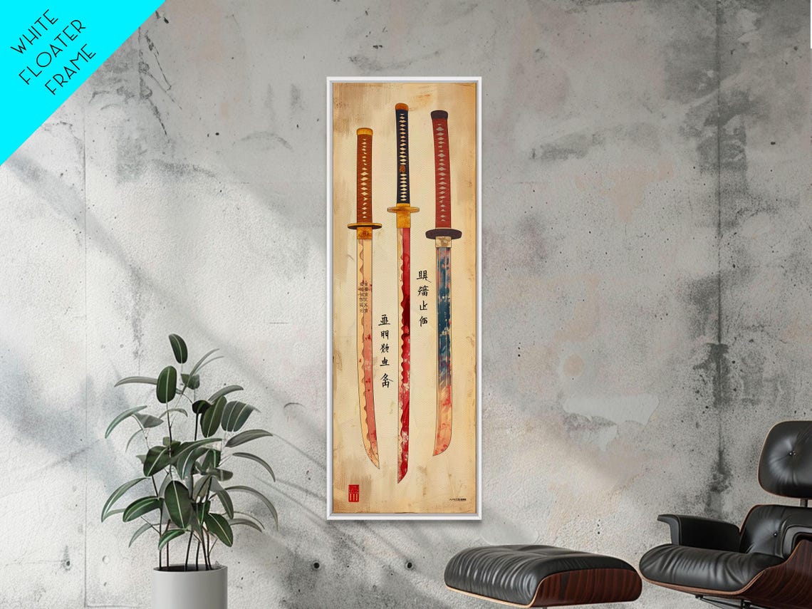 Three Samurai Swords Japanese Characters Cream Vintage Art Poster