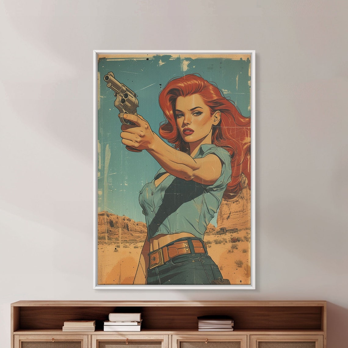 Retro Pinup Cowgirl Redhead Revolver Desert Comic Western Wall Art - Image 3