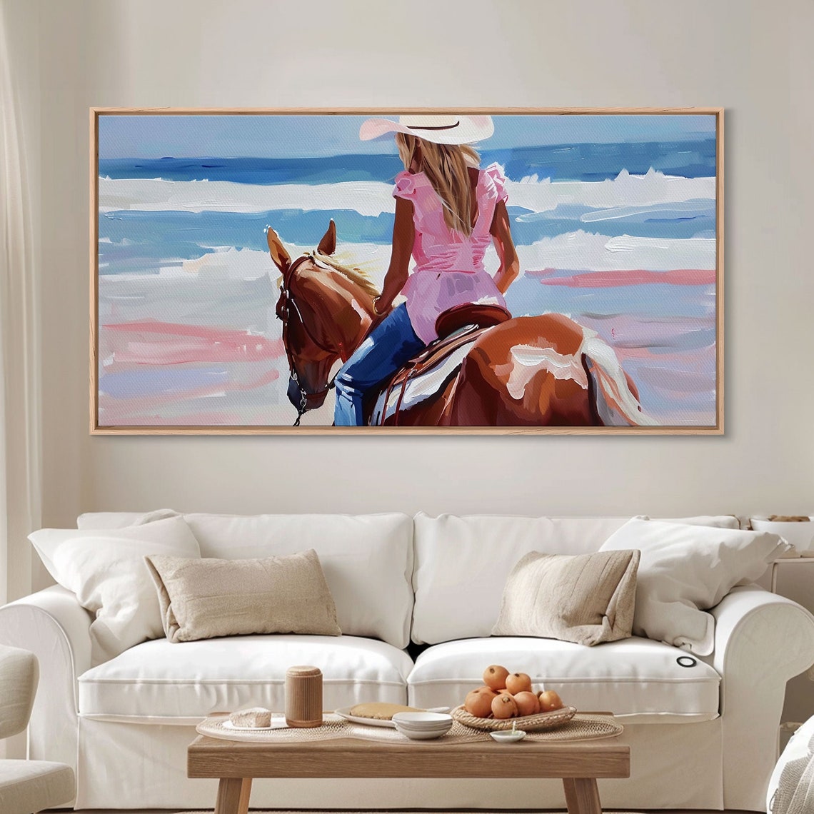 Cowgirl Riding Horse By The Ocean Tranquil Framed Print Perfect For Coastal Living Room Art Beach Bedroom Decor Horse Wall Art - Image 2