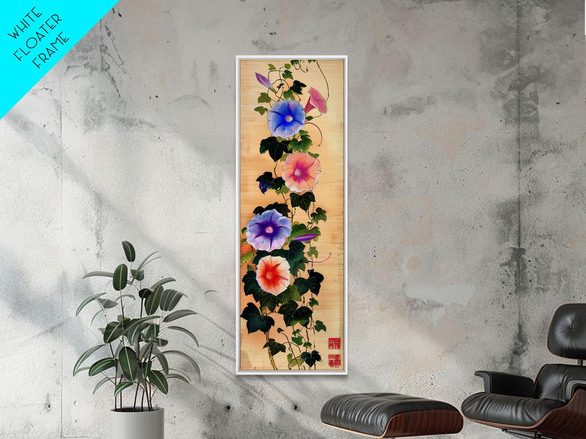 Colorful Morning Glory Vines On Natural Bamboo Wood Ukiyo E Art Poster - Image 3