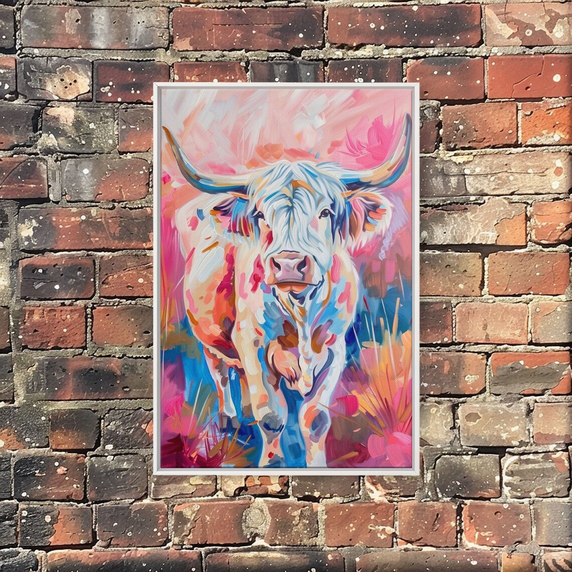 Colorful Highland Cow Abstract Pop Art Pink Blue Cattle Wall Poster