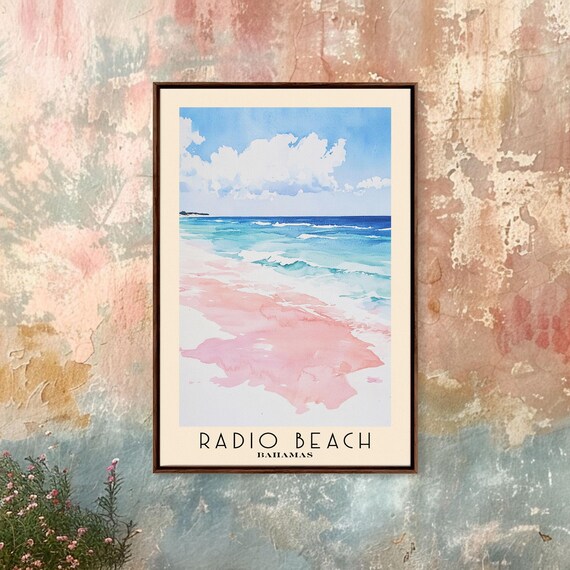 Radio Beach Bahamas Pink Sand Beach Turquoise Surf White Clouds Watercolor Poster