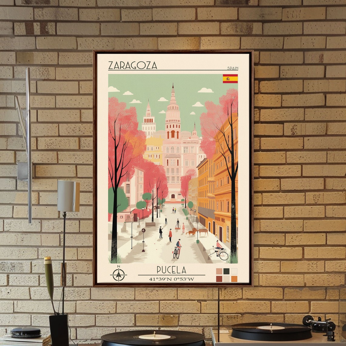 Zaragoza Spain Basilica Towers Pink Tree Lined Plaza Travel Poster - Image 2