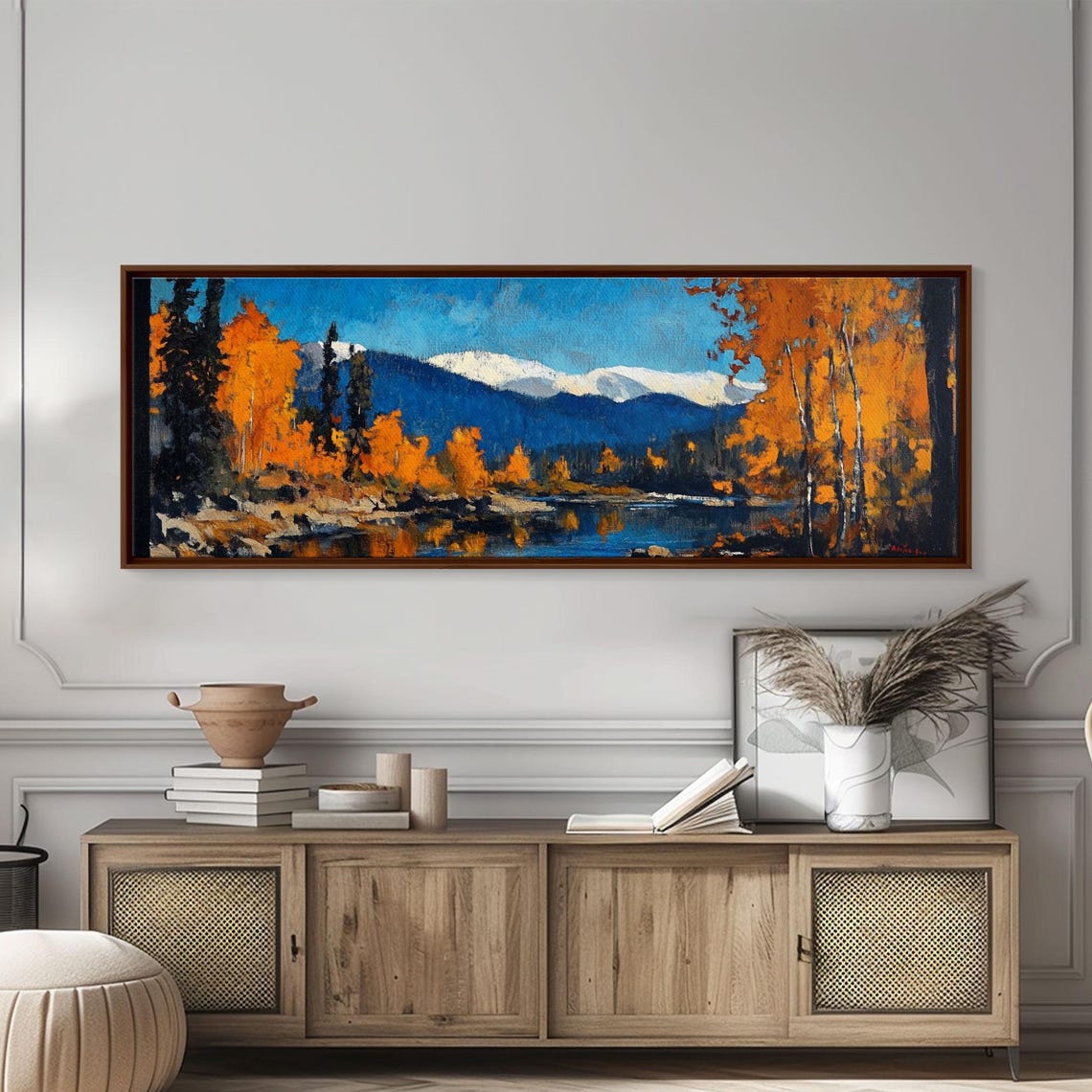 Autumn Aspen Grove Lake Blue Mountain Fall Painting Panoramic Art