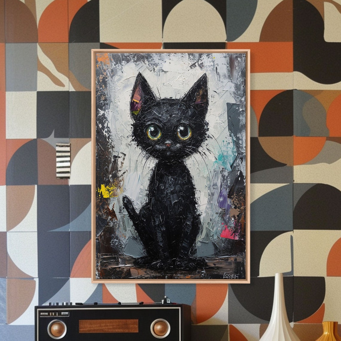 Abstract Black Cat Framed Print Cat Lover Art Cute Cat Printed On Black Cat Textured Wall Art Gift For Cat Lover - Image 4