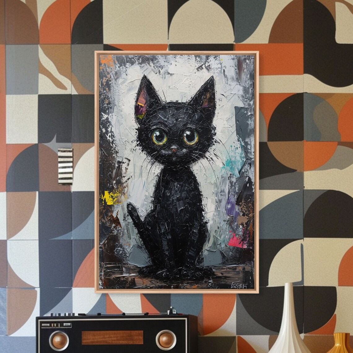 Black Cat Big Green Eyes Abstract Impasto Painting Cute Wall Art - Image 4