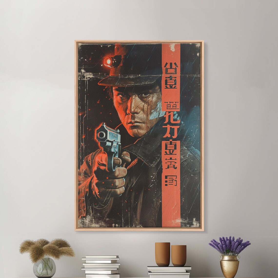 Japanese Detective Noir Film Red Neon Rain Gunslinger Wall Art - Image 3