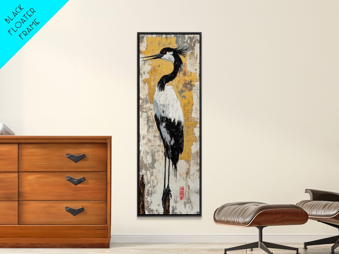 Black White Crane Gold Textured Background East Asian Bird Painting Poster - Image 3