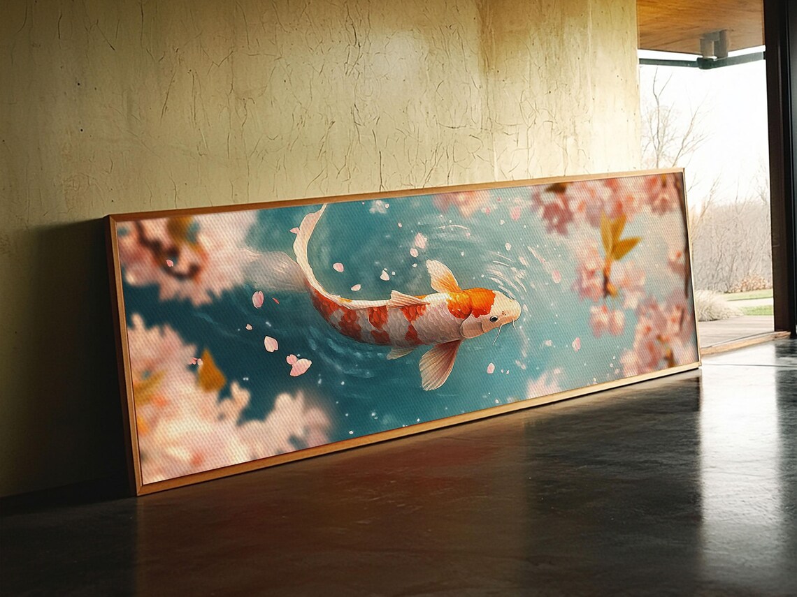 Koi Fish Cherry Blossom Panoramic Painting Orange White Swimming Turquoise Poster - Image 4
