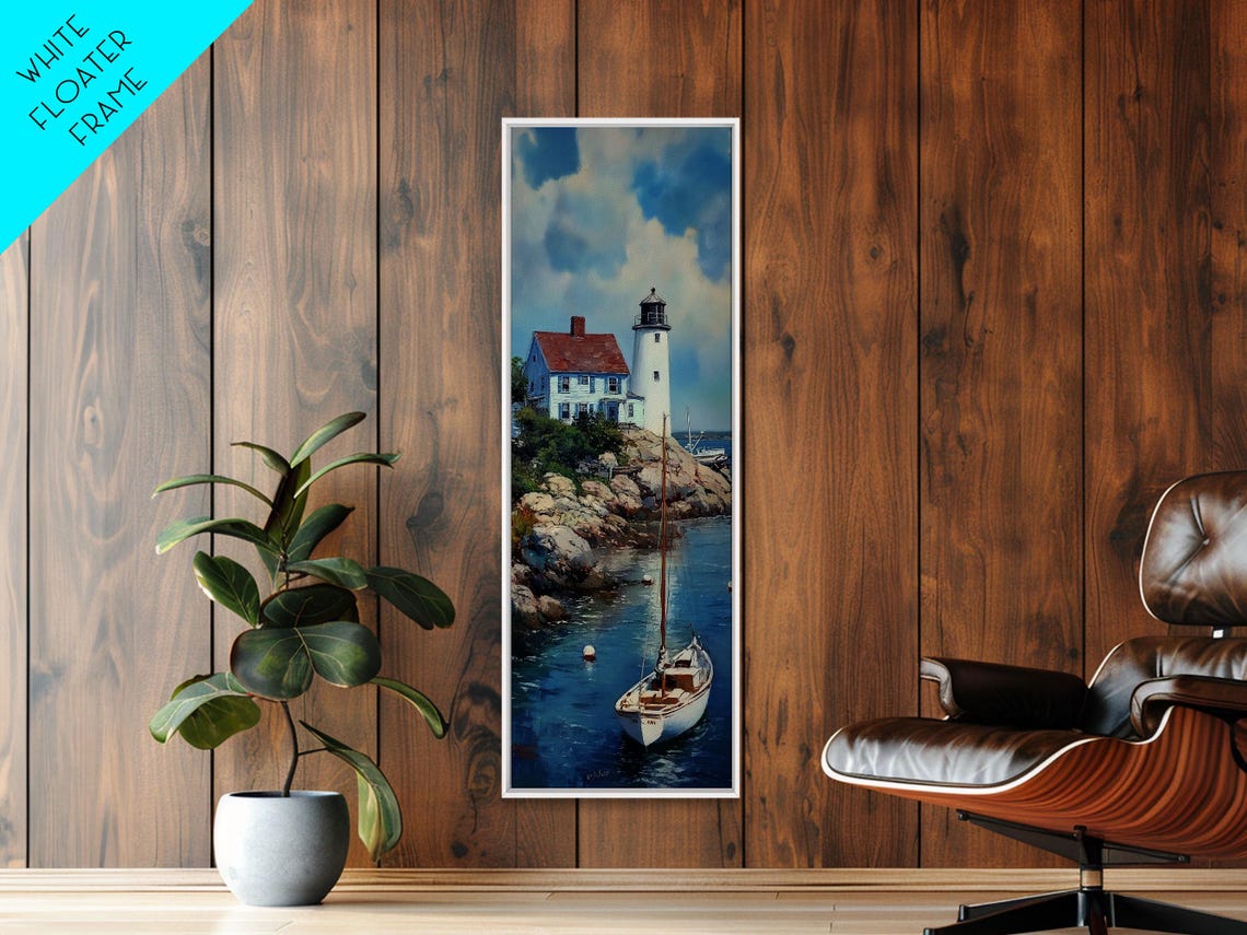 Lighthouse on Rocky Point Sailboat Harbor Blue Seascape Wall Art - Image 2