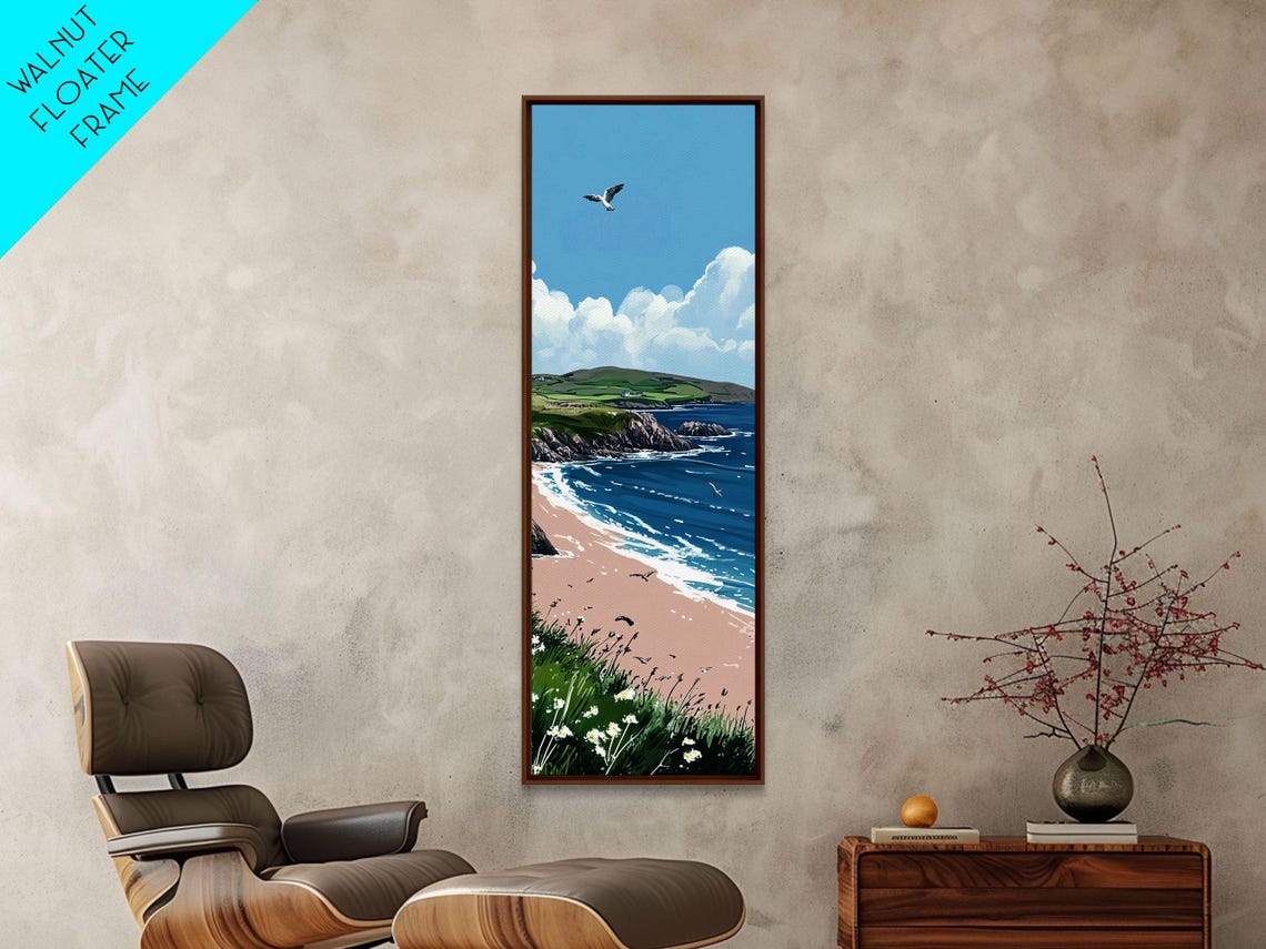 Sunny Beach Turquoise Ocean Green Cliffs Seagull Coastal Poster
