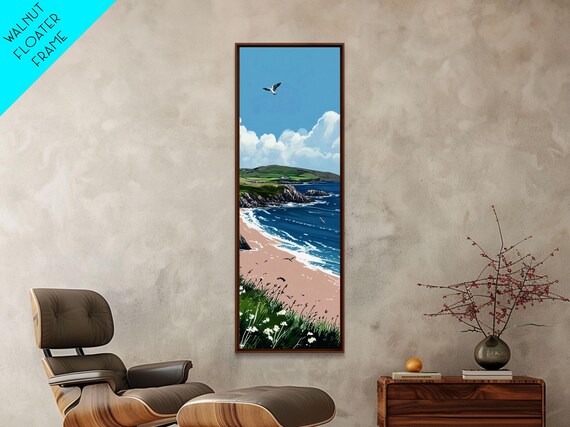 Sunny Beach Turquoise Ocean Green Cliffs Seagull Coastal Poster