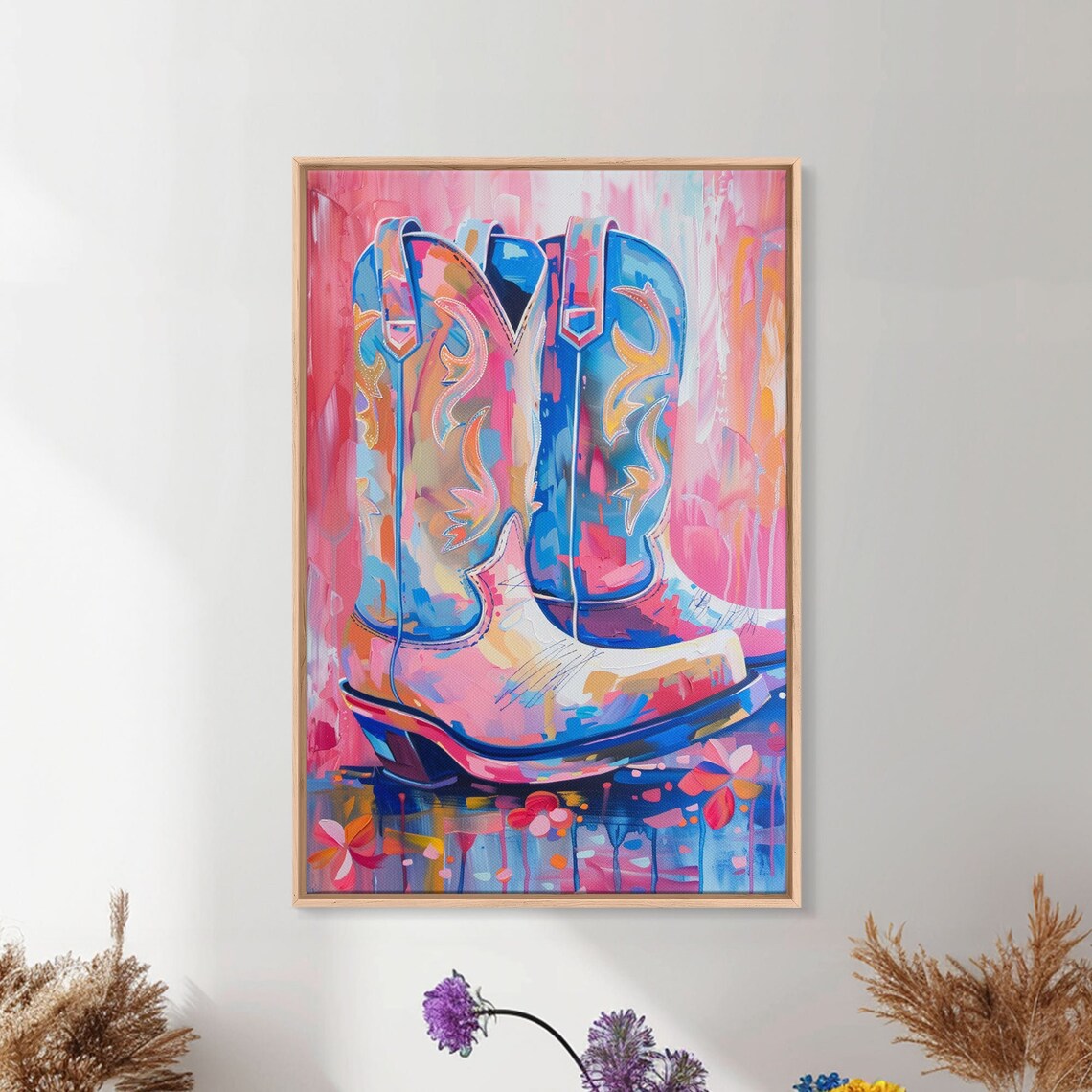 Colorful Cowboy Boots In Pink And Blue With Floral Details Art Poster - Image 3