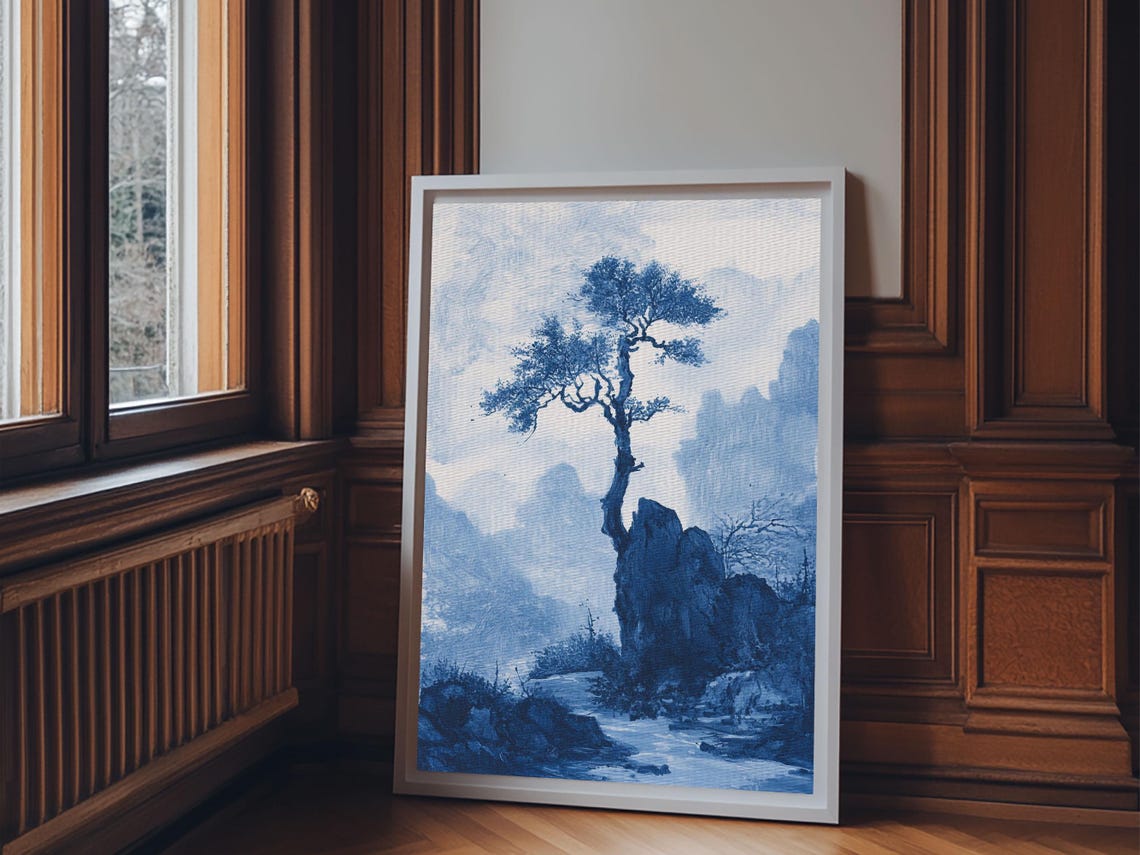 Blue White Chinoiserie Pine Tree Cliff Mountain Misty Asian Art Poster - Image 3