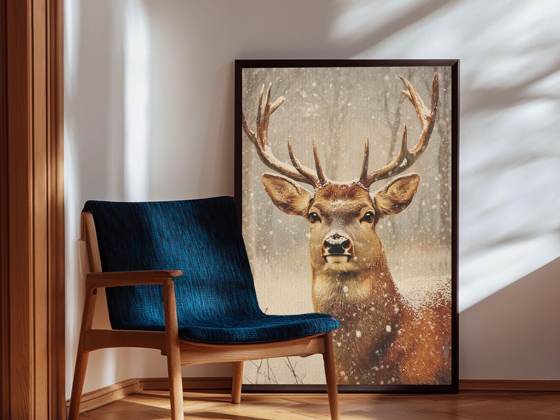 Stag Deer In Falling Snow Antlers Winter Woodland Animal Art Poster - Image 4