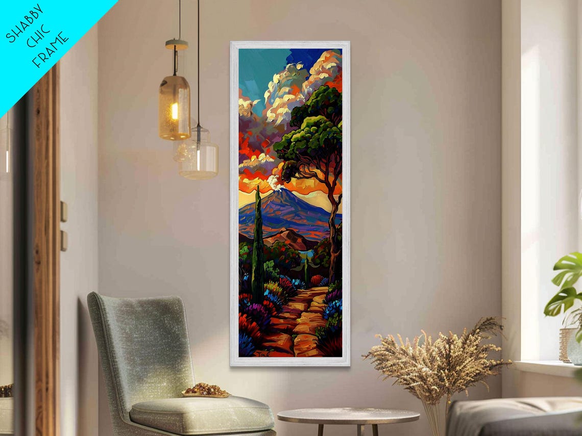 Volcano Sunset Over Colorful Flower Valley Impasto Landscape Poster - Image 2