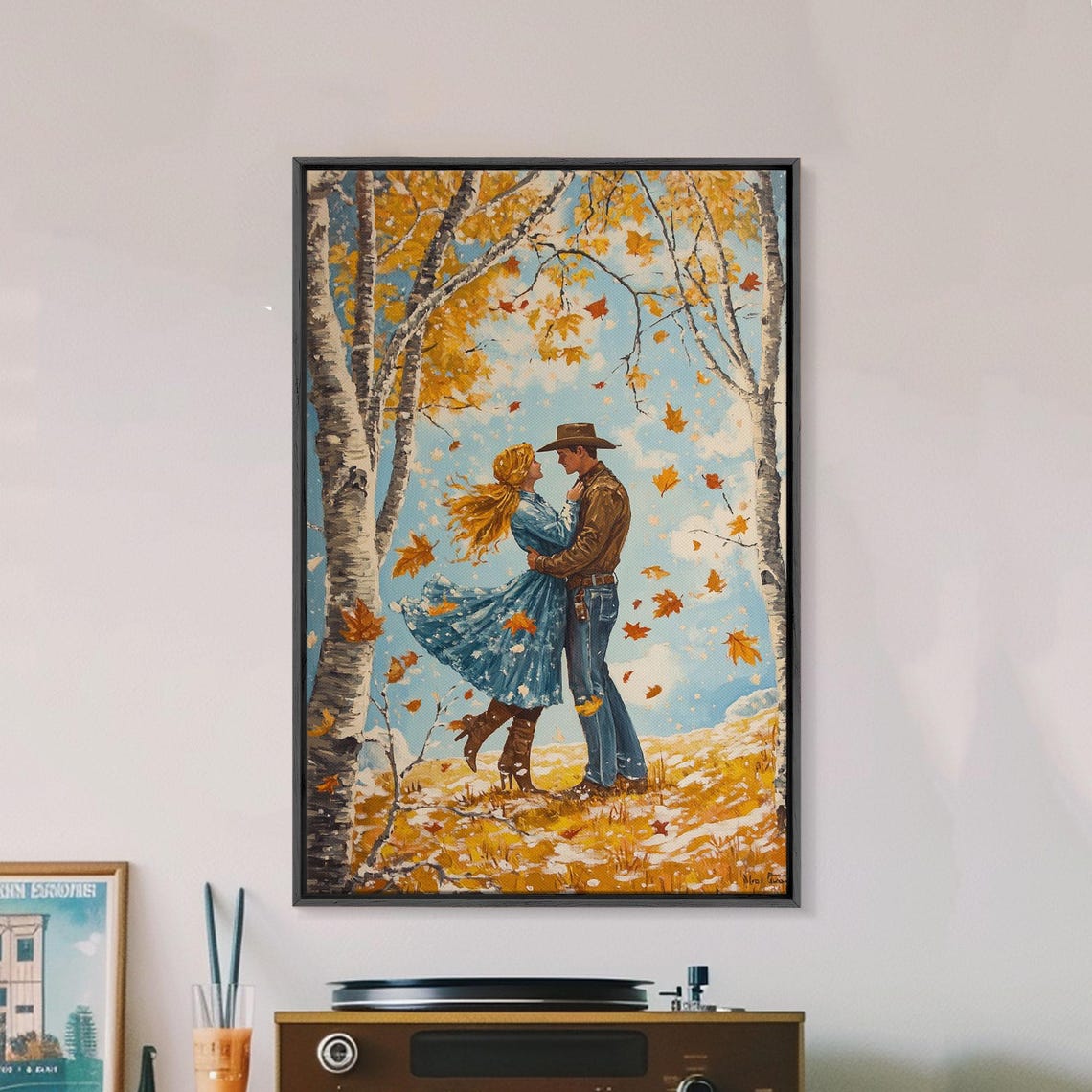 Cowboy Couple Embracing Autumn Birch Trees Falling Leaves Poster - Image 3