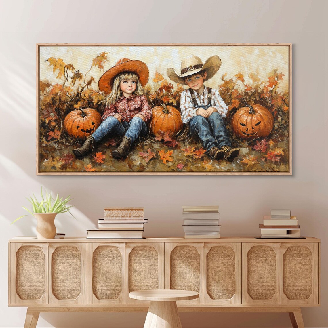 Two Cowboy Kids Sitting Among Pumpkins With Jack O Lantern Retro Fall Poster - Image 3
