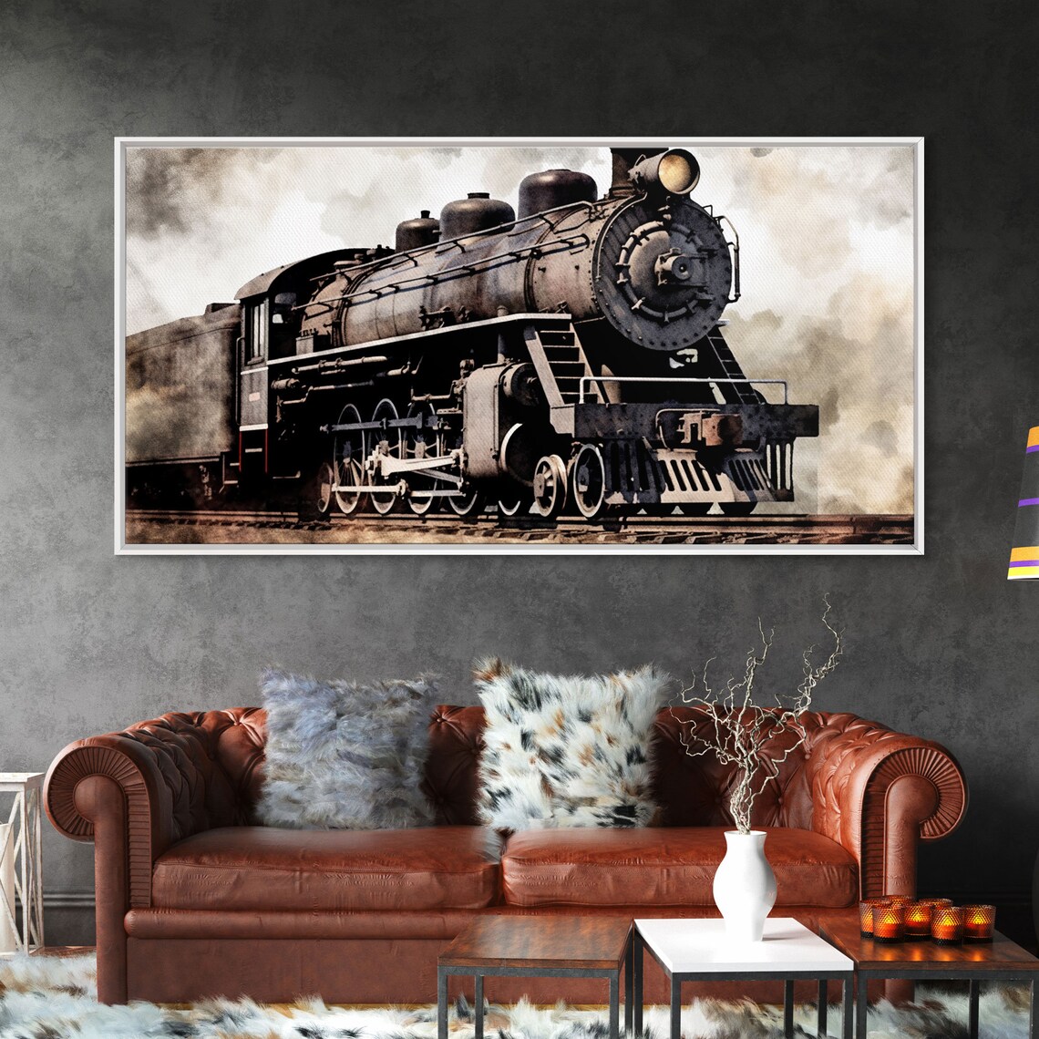 Black Steam Train Retro Wall Art Print, Panoramic