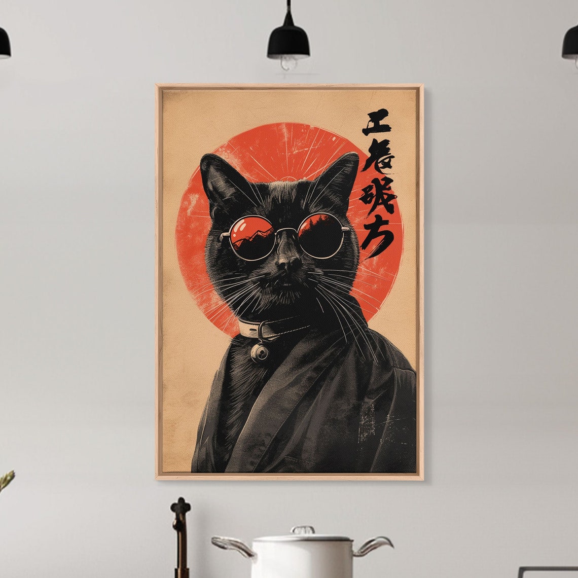 Black Cat Sunglasses Kimono Red Sun Japanese Style Humor Wall Art - Image 5