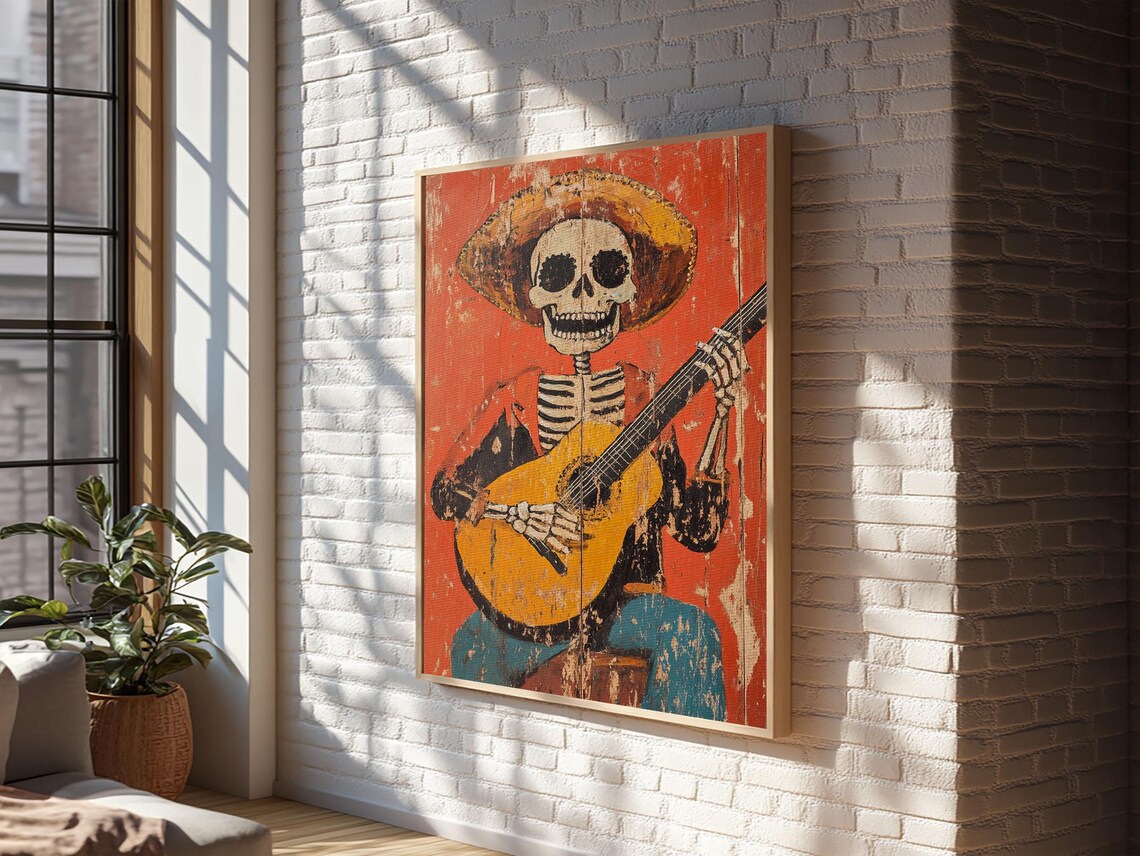 Mexican Skeleton Vaquero Guitar Art Print, Southwestern - Image 5