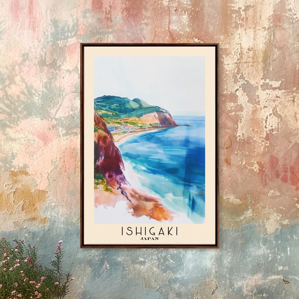 Ishigaki Japan Colorful Cliffs Turquoise Bay Green Hills Watercolor Poster - Image 4