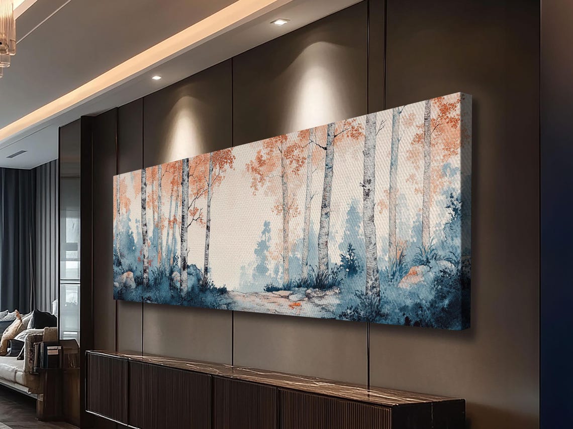 Birch Forest Blue Mist Autumn Watercolor Panoramic Living Wall Poster - Image 2