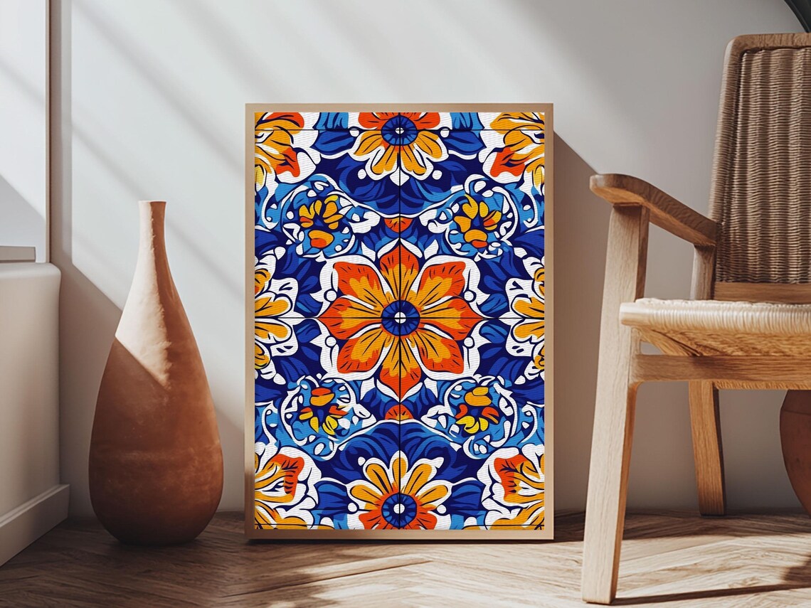 Mexican Talavera Tile Pattern Blue Orange Floral Folk Vibrant Art Poster