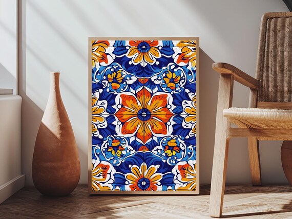 Mexican Talavera Tile Pattern Blue Orange Floral Folk Vibrant Art Poster