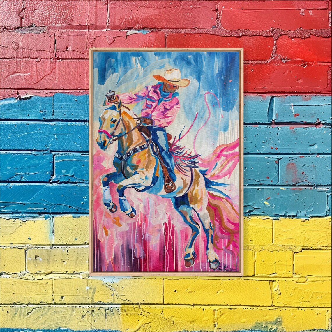 Dynamic Cowboy Lasso Bucking Horse Colorful Pop Art Western Poster - Image 2